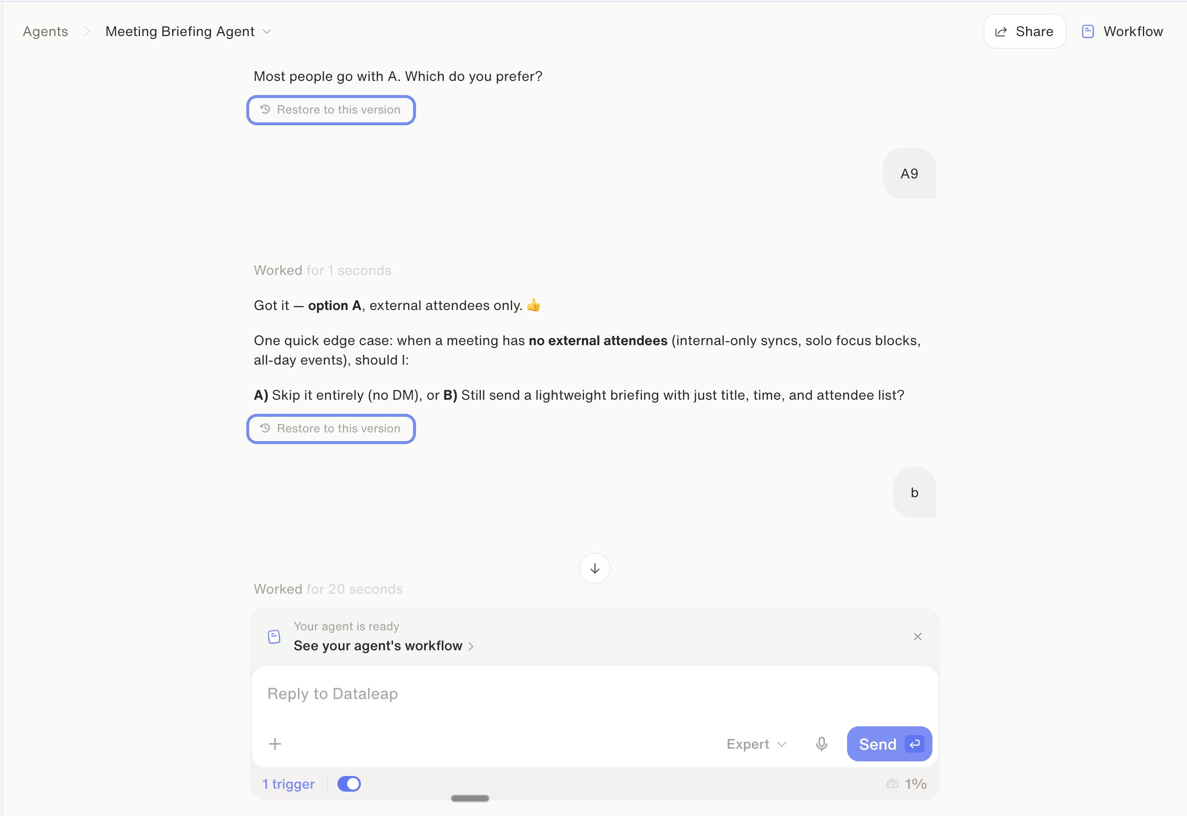 The agent chat with Restore to this version links under each message