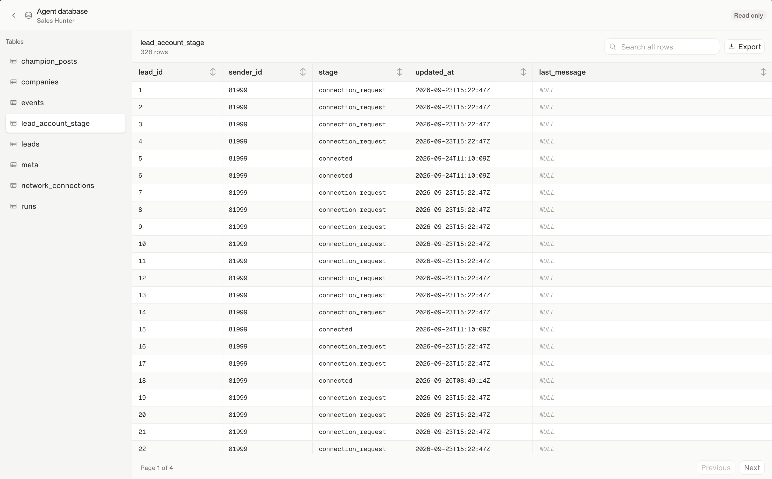 The read-only database viewer with a table open