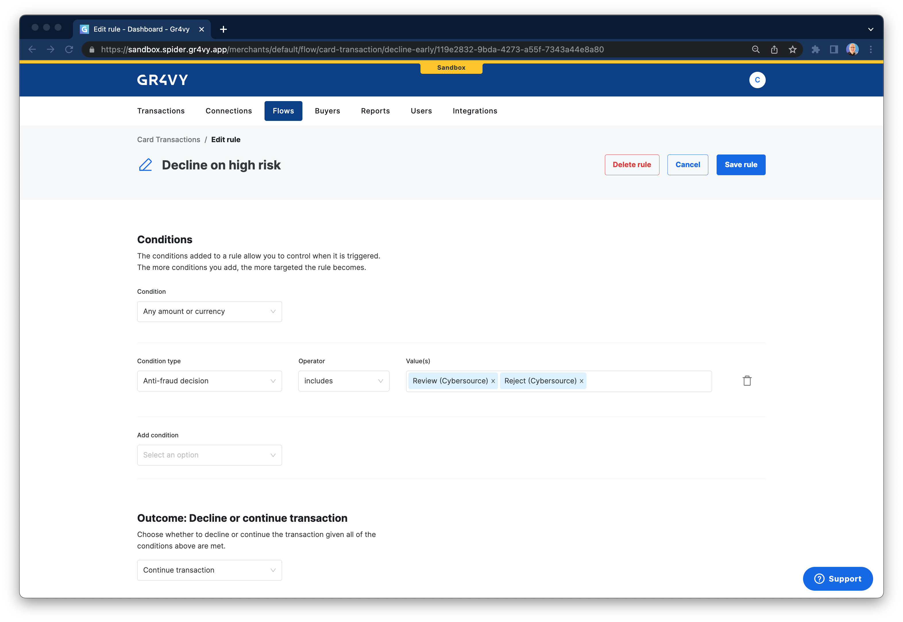 Flow rule with an anti fraud decision