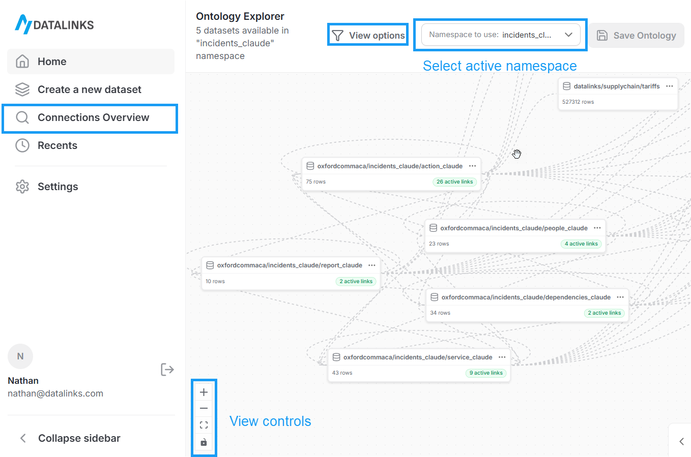 Screenshot of Connections Overview in the DataLinks web platform