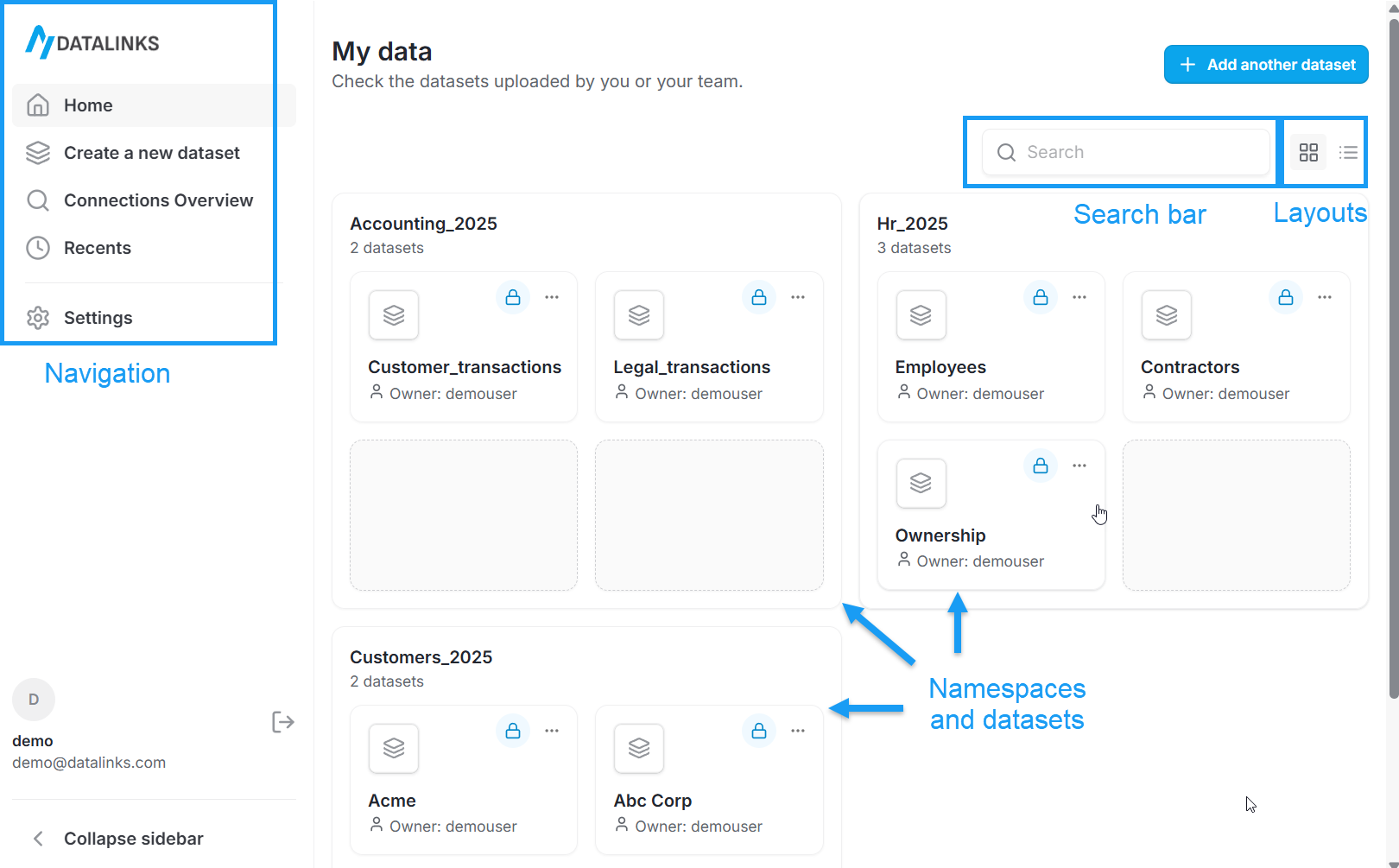 DataLinks web platform home page screenshot