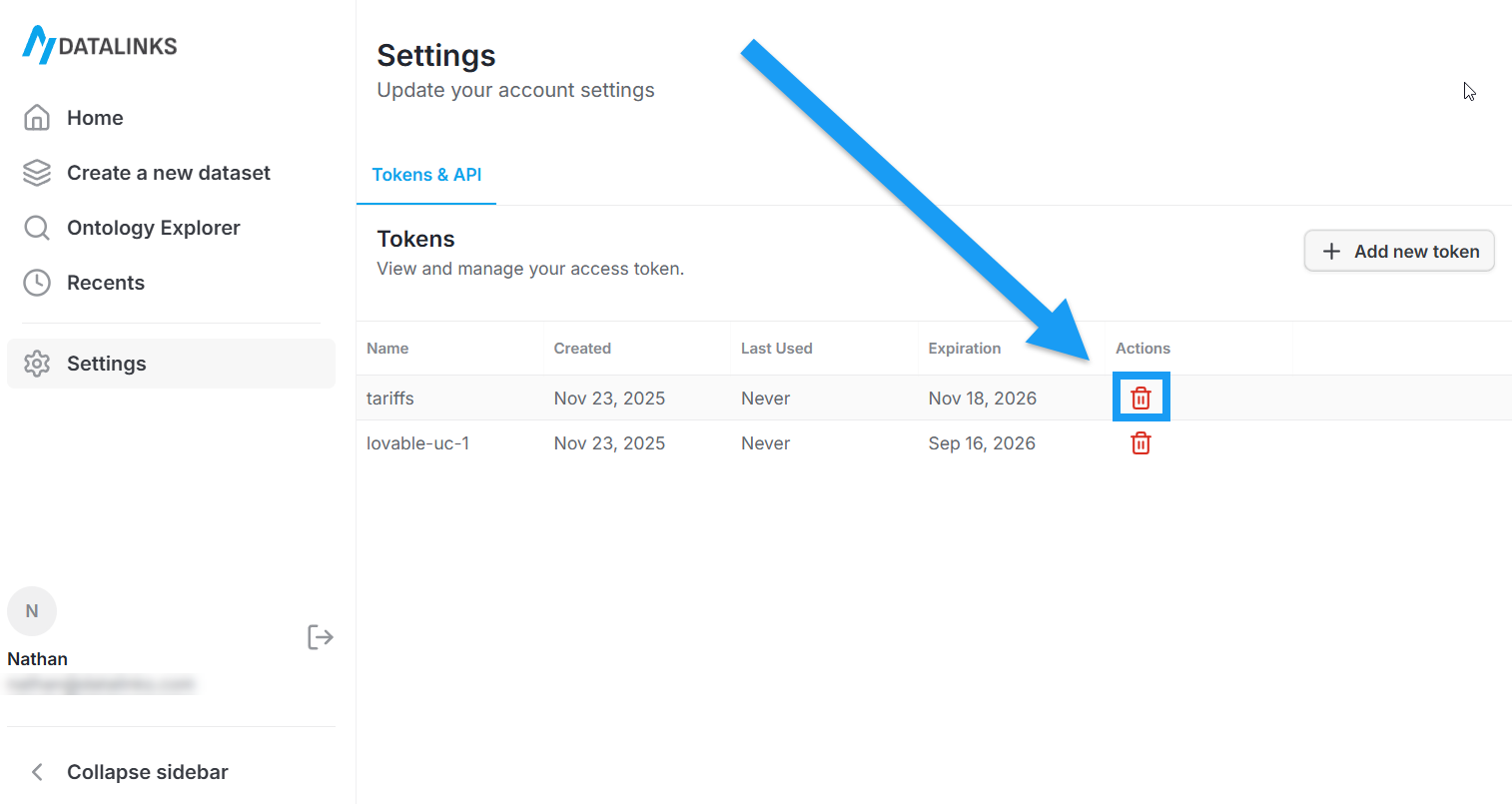Screenshot of deleting a token in the Settings page of the DataLinks dashboard