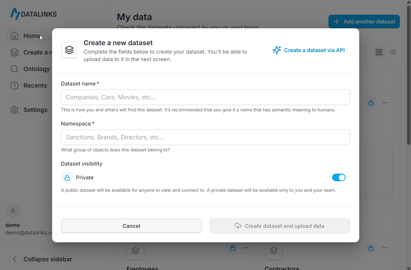 View of creating a new dataset window in the DataLinks web platform