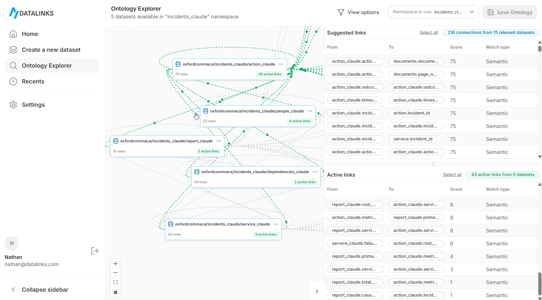 View of links panel inside of the Ontology Explorer in the DataLinks web platform