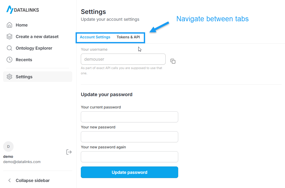 DataLinks Settings page in the web platform