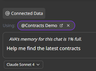 Chat showing @Contracts Demo mention with connected data context