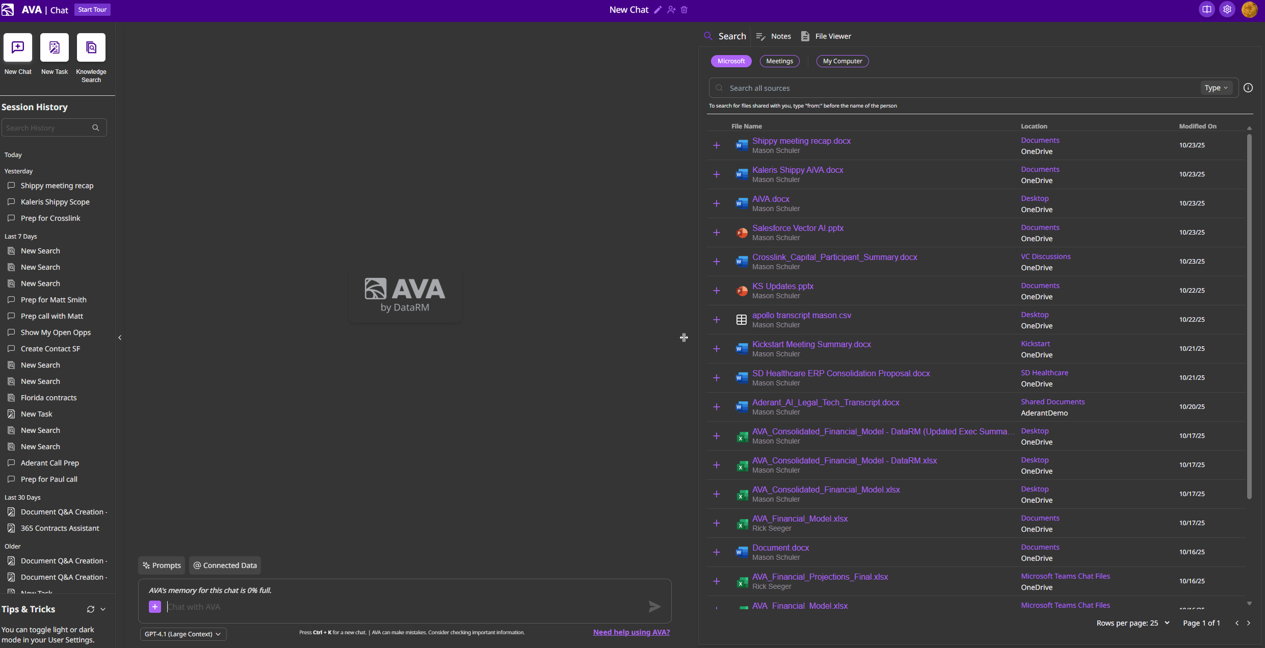 AVA main interface showing session history, chat area, and file viewer workspace