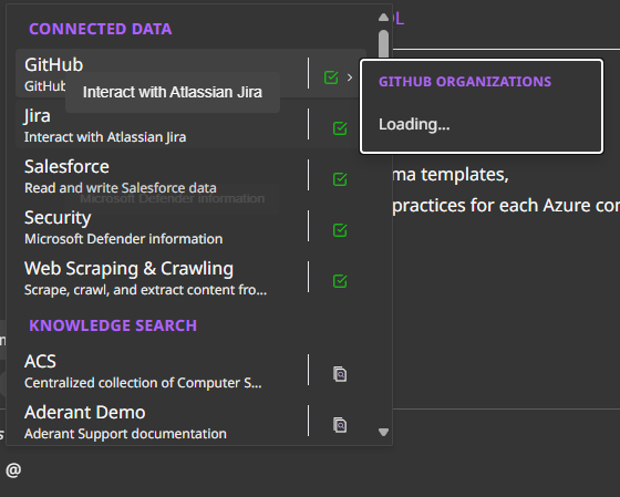 Connected Data panel showing GitHub, Jira, Salesforce, Microsoft 365, and other integrations