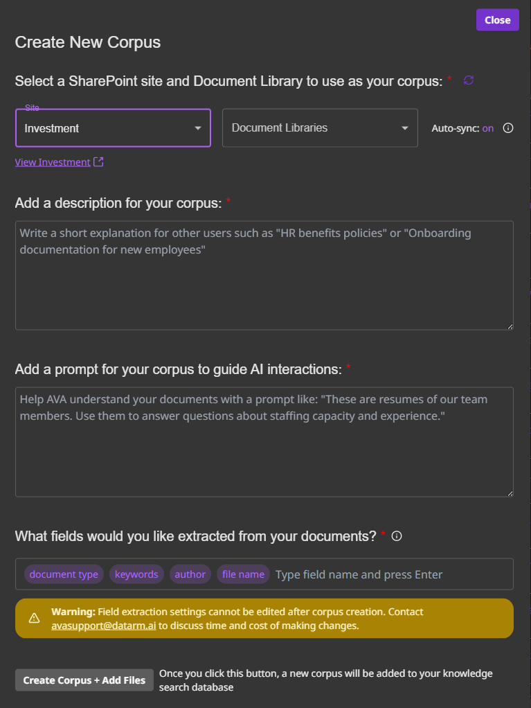 Create New Corpus dialog showing SharePoint site selection and configuration options