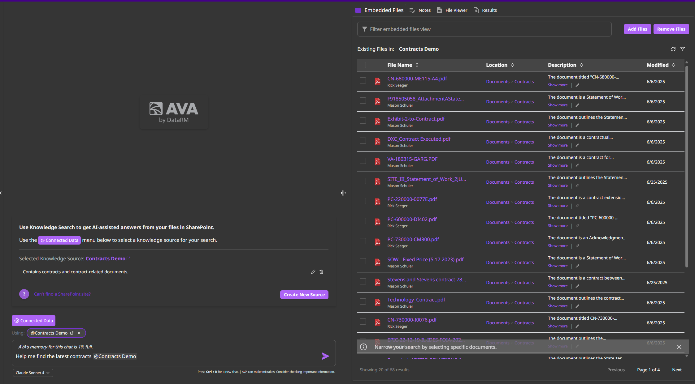 Knowledge Search showing embedded files from Contracts Demo with file details, descriptions, and pagination