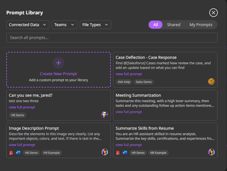 AVA Prompt Library showing template cards for Case Deflection, Meeting Summarization, and Resume Analysis