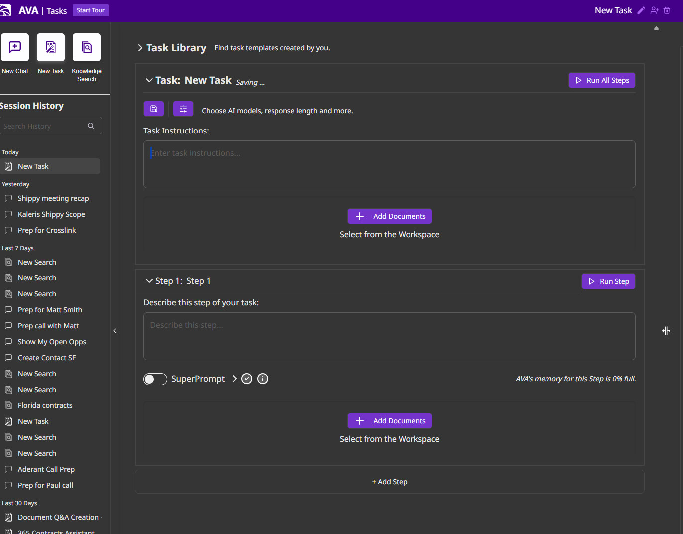 AVA Tasks interface showing task name, sequential steps, document selection, and SuperPrompt toggle