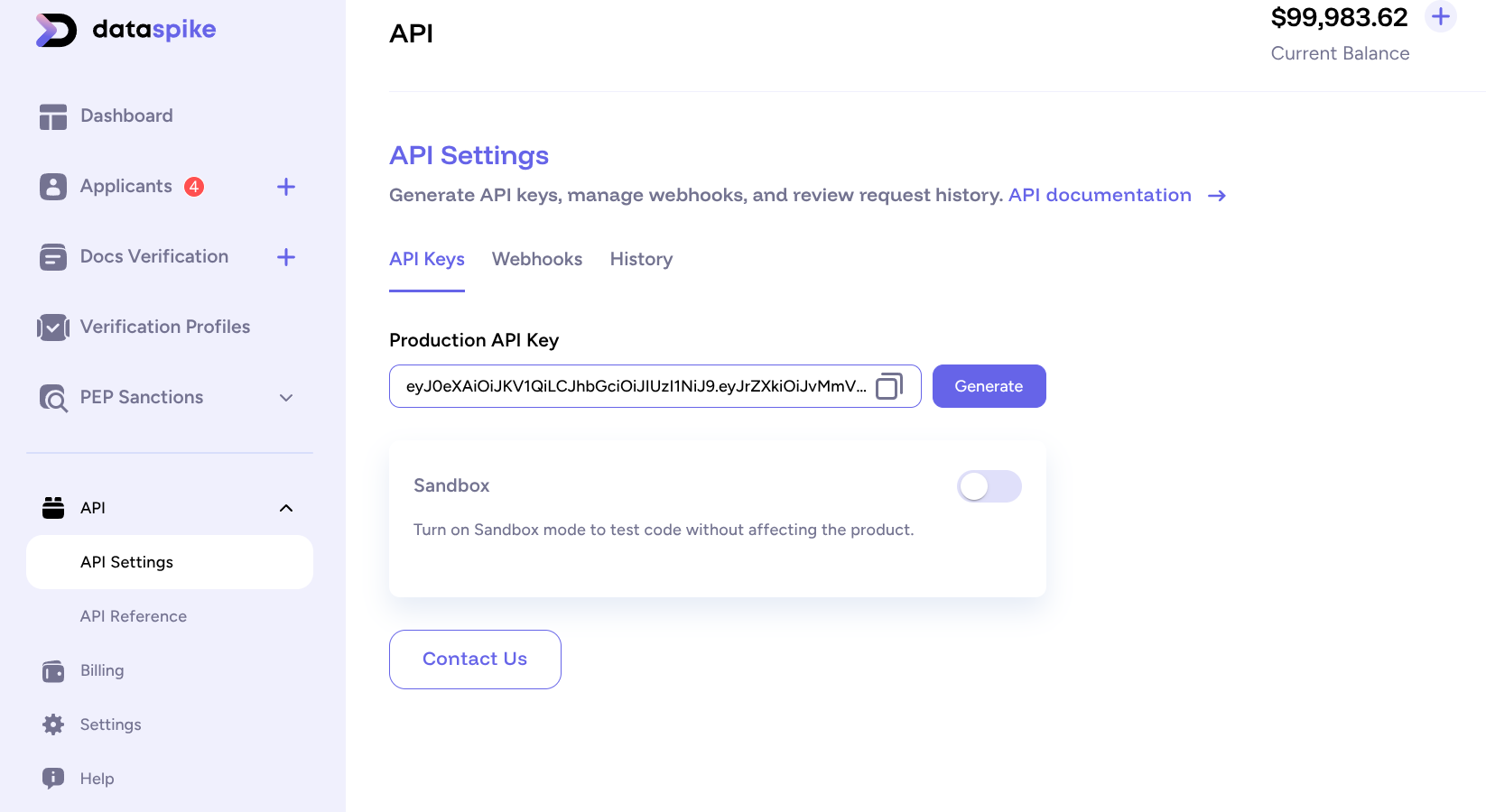 API tab in the Dataspike Dashboard showing environment switcher and API keys