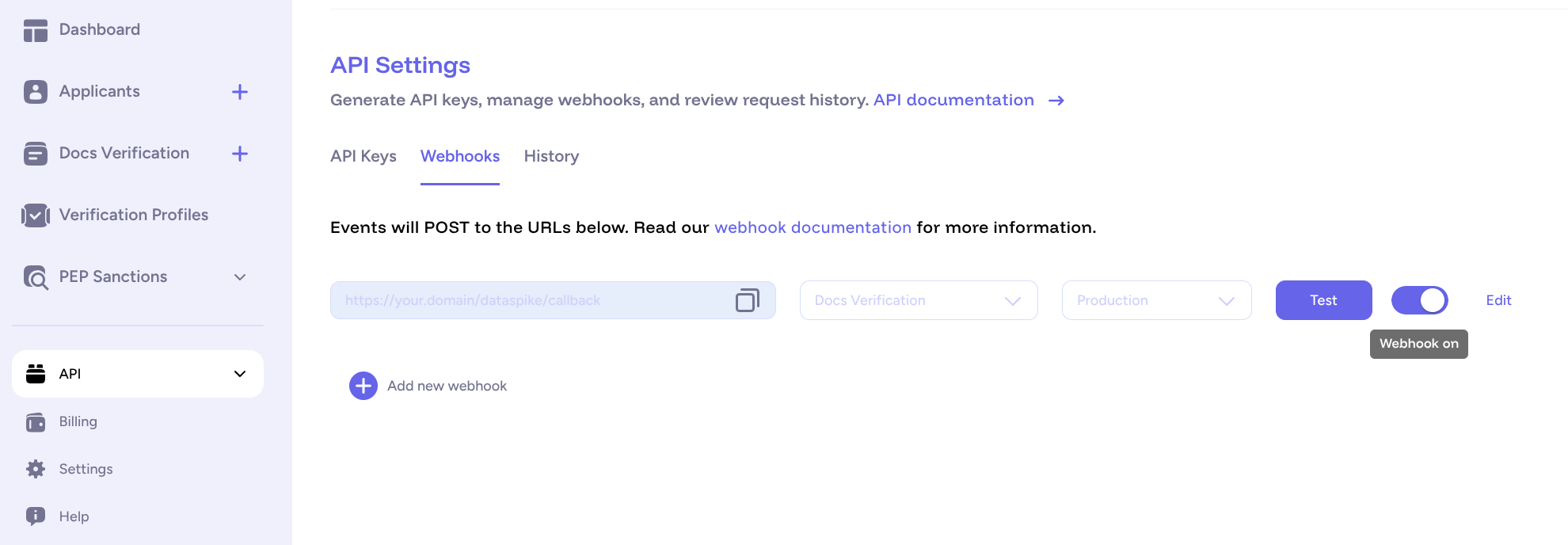 Webhook settings in the Dataspike Dashboard showing endpoint configuration and test button