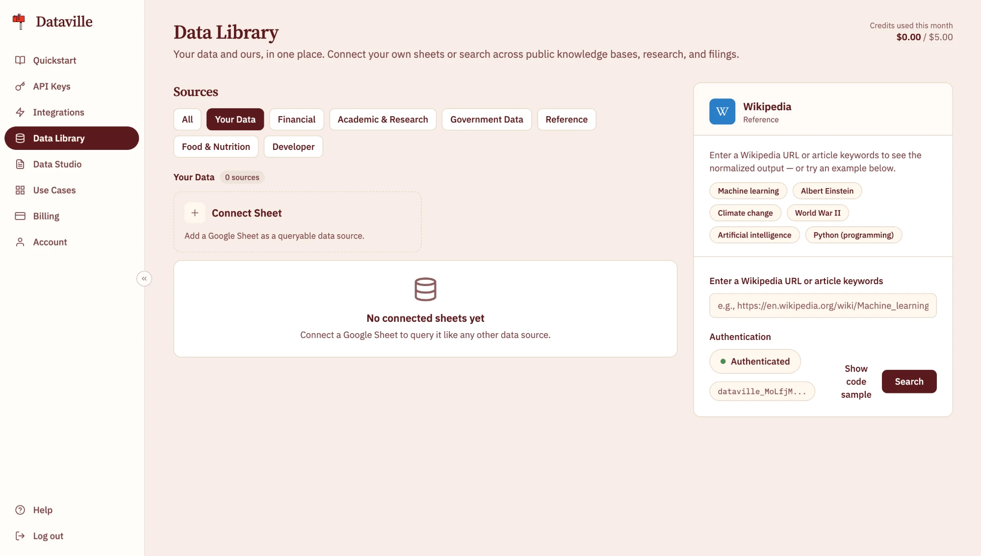 The Data Library page in the Dataville dashboard with the Your Data filter selected: a Connect Sheet card above the list of connected sheets.