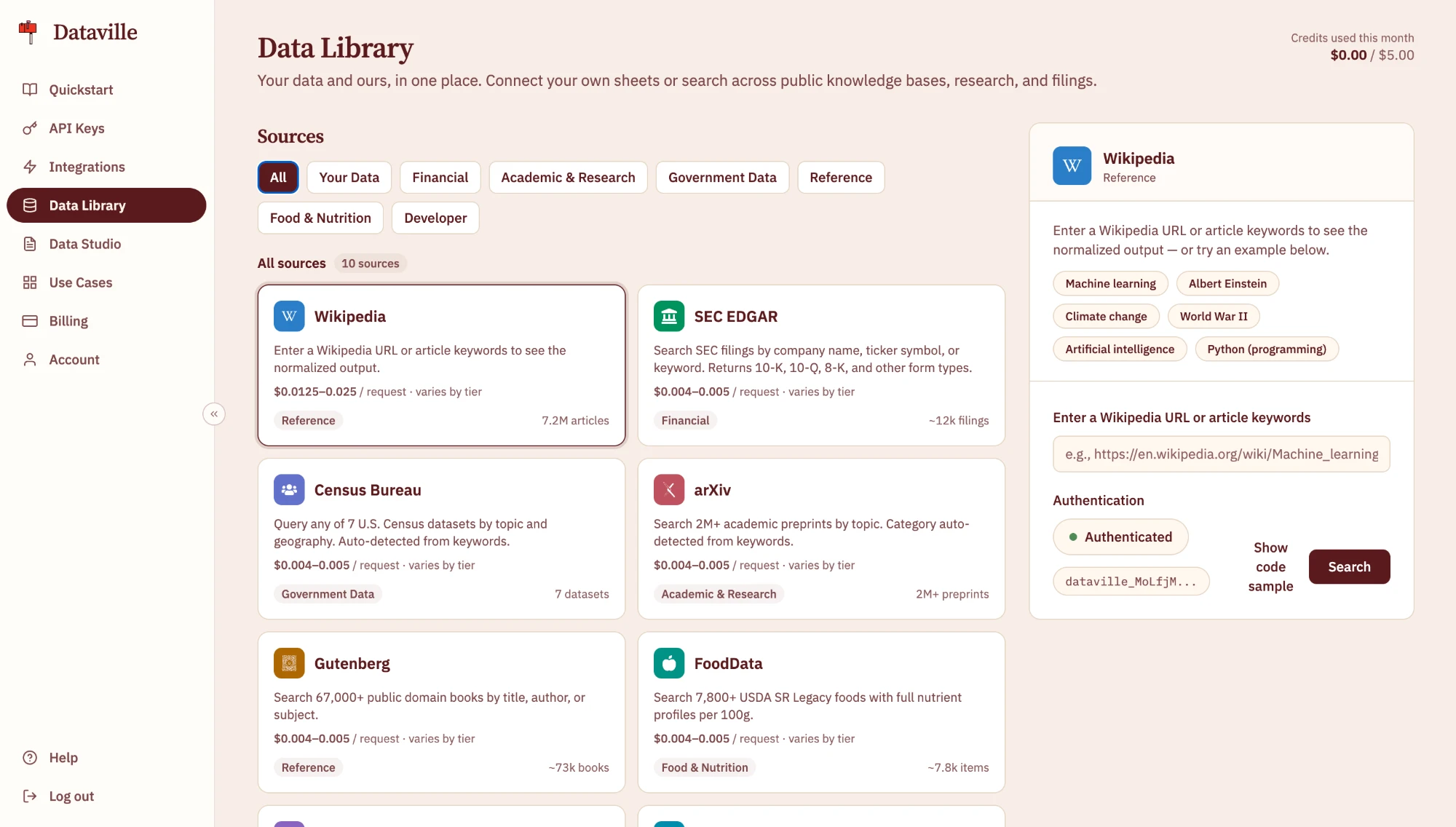 The Data Library page in the Dataville dashboard: category filters above a grid of source cards, beside a panel for running a test search.