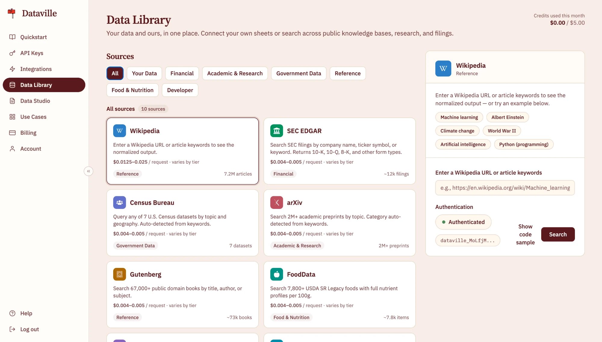 The Data Library page in the Dataville dashboard: category filters above a grid of source cards, beside a panel for running a test search.