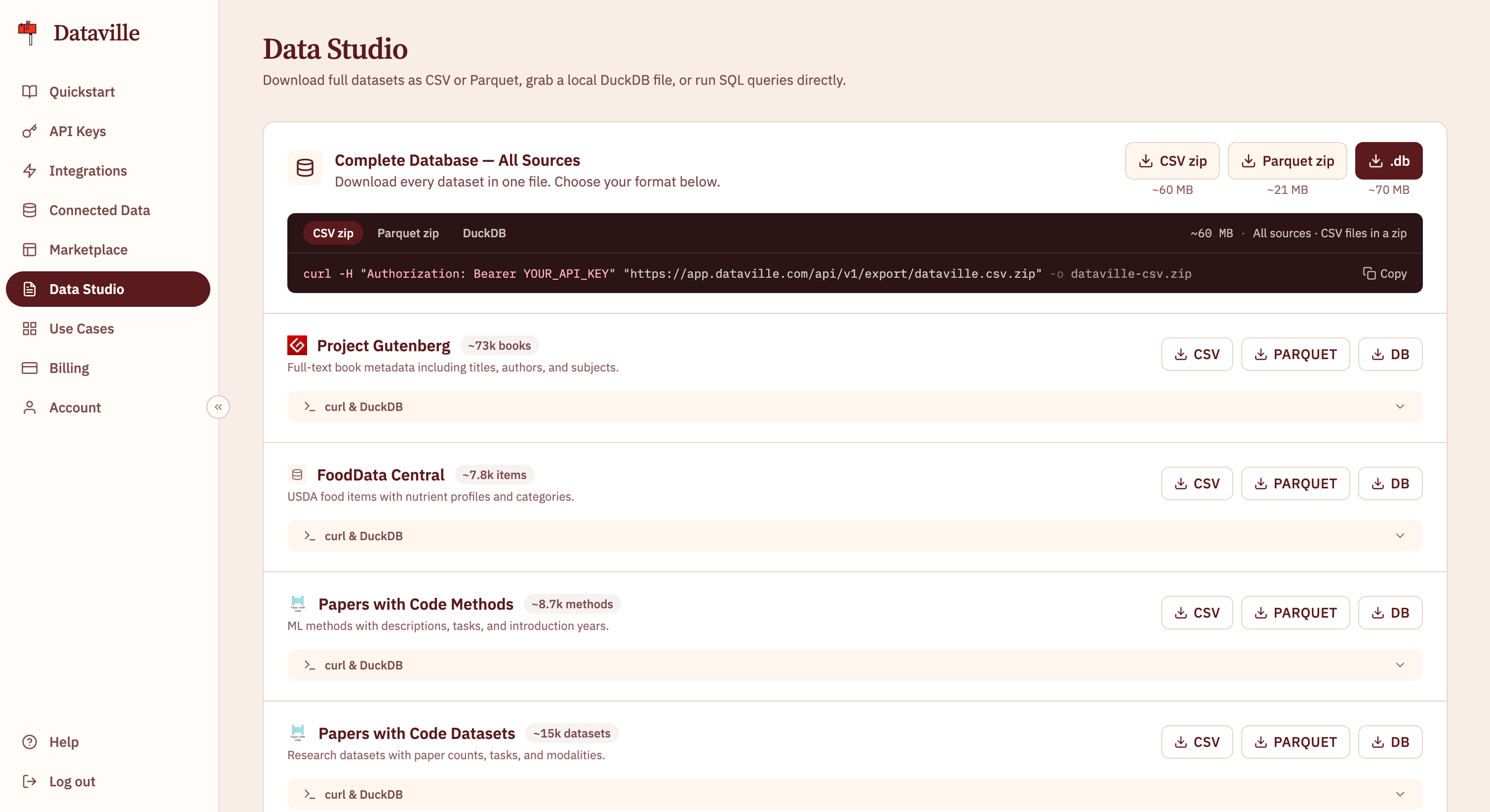 The export panel in Data Studio: a Complete Database card with CSV, Parquet, and .db buttons, above a list of sources.