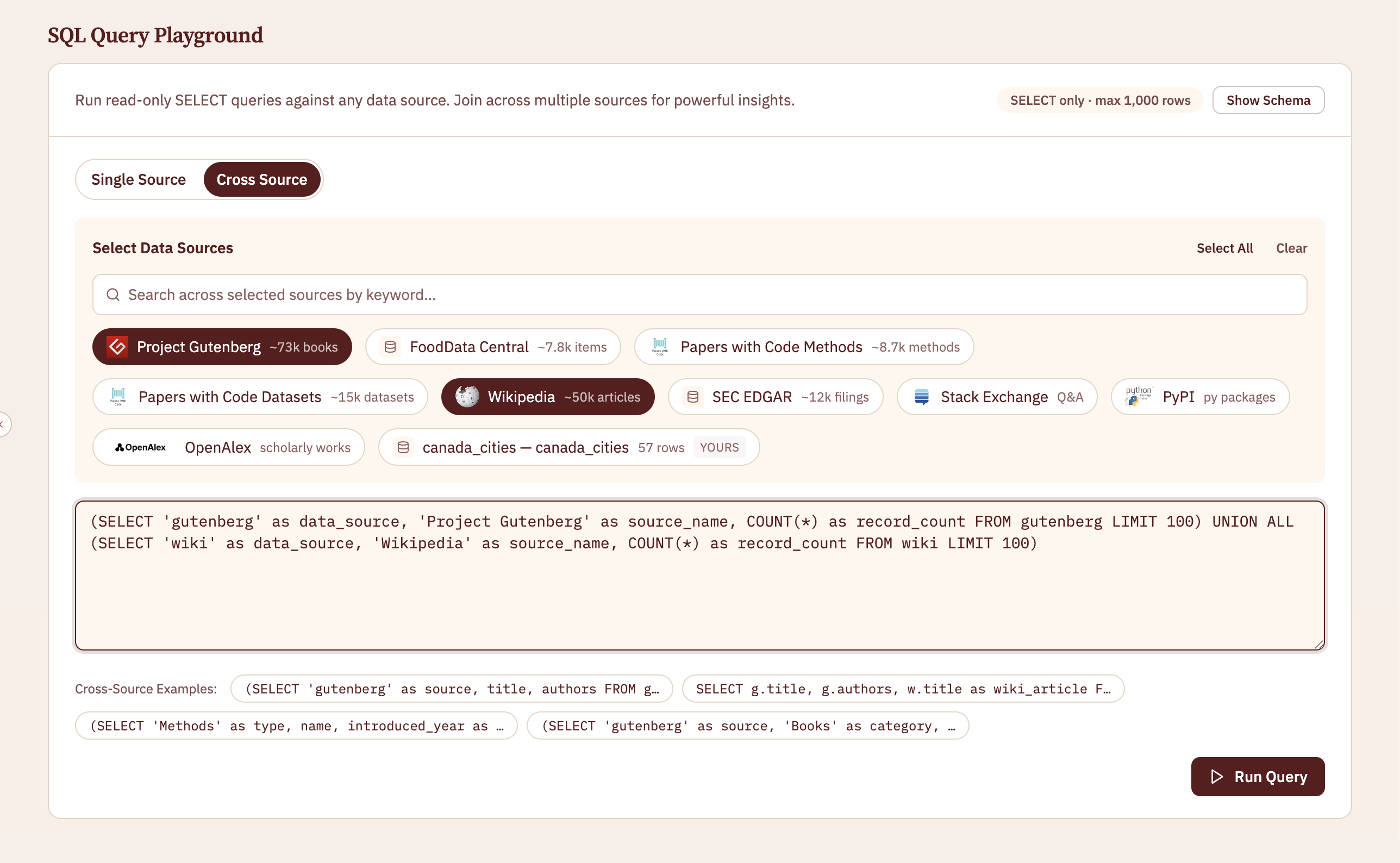 The SQL Query Playground in Data Studio: a Single Source and Cross Source toggle, source chips, a SQL editor, and a Run Query button.