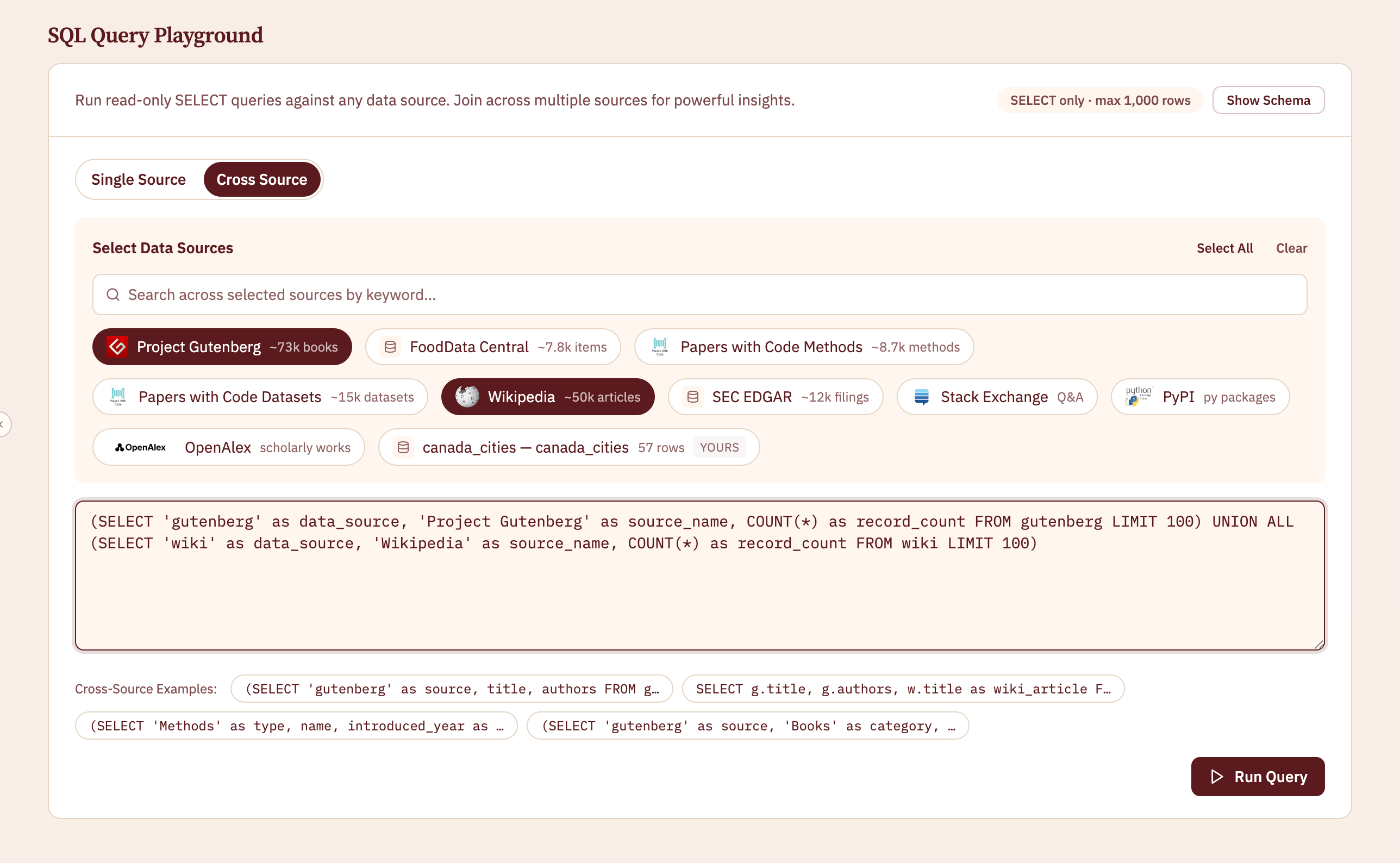 The SQL Query Playground in Data Studio: a Single Source and Cross Source toggle, source chips, a SQL editor, and a Run Query button.