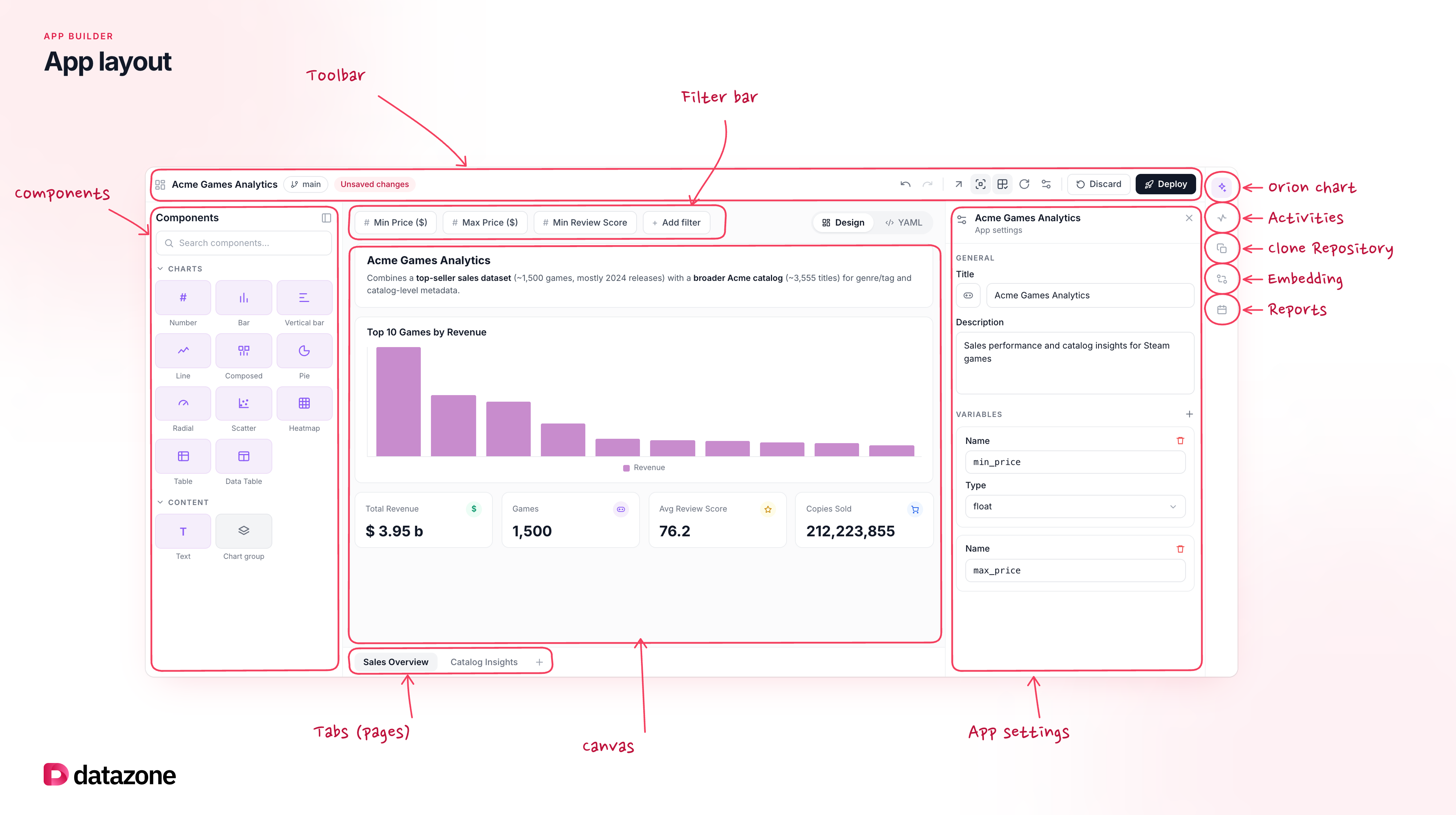 App Builder layout: Palette, Canvas, Inspector, toolbar, filter bar, and tabs