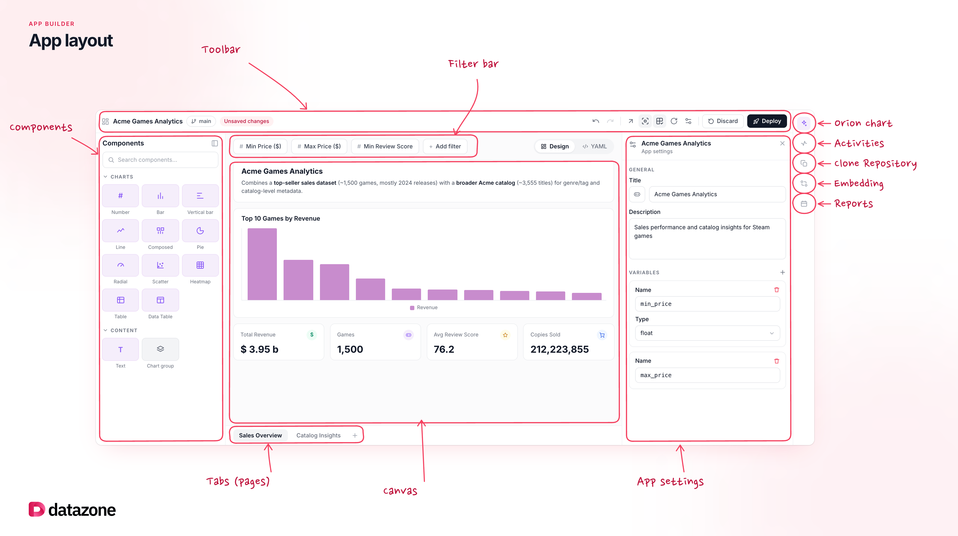 App Builder layout: Palette, Canvas, Inspector, toolbar, filter bar, and tabs