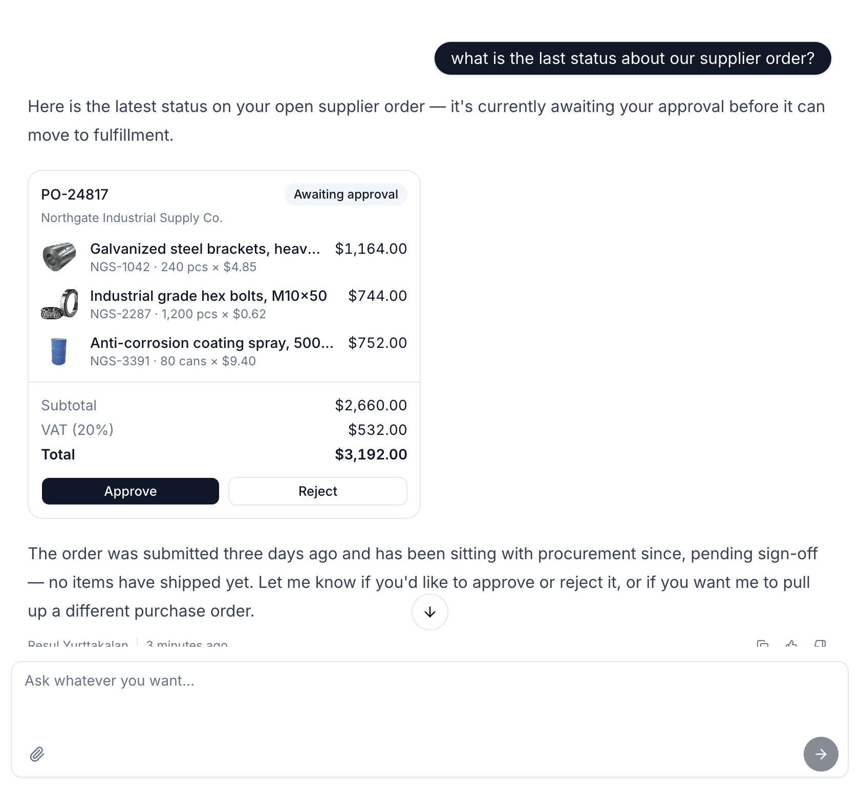 A widget rendered inside an agent answer