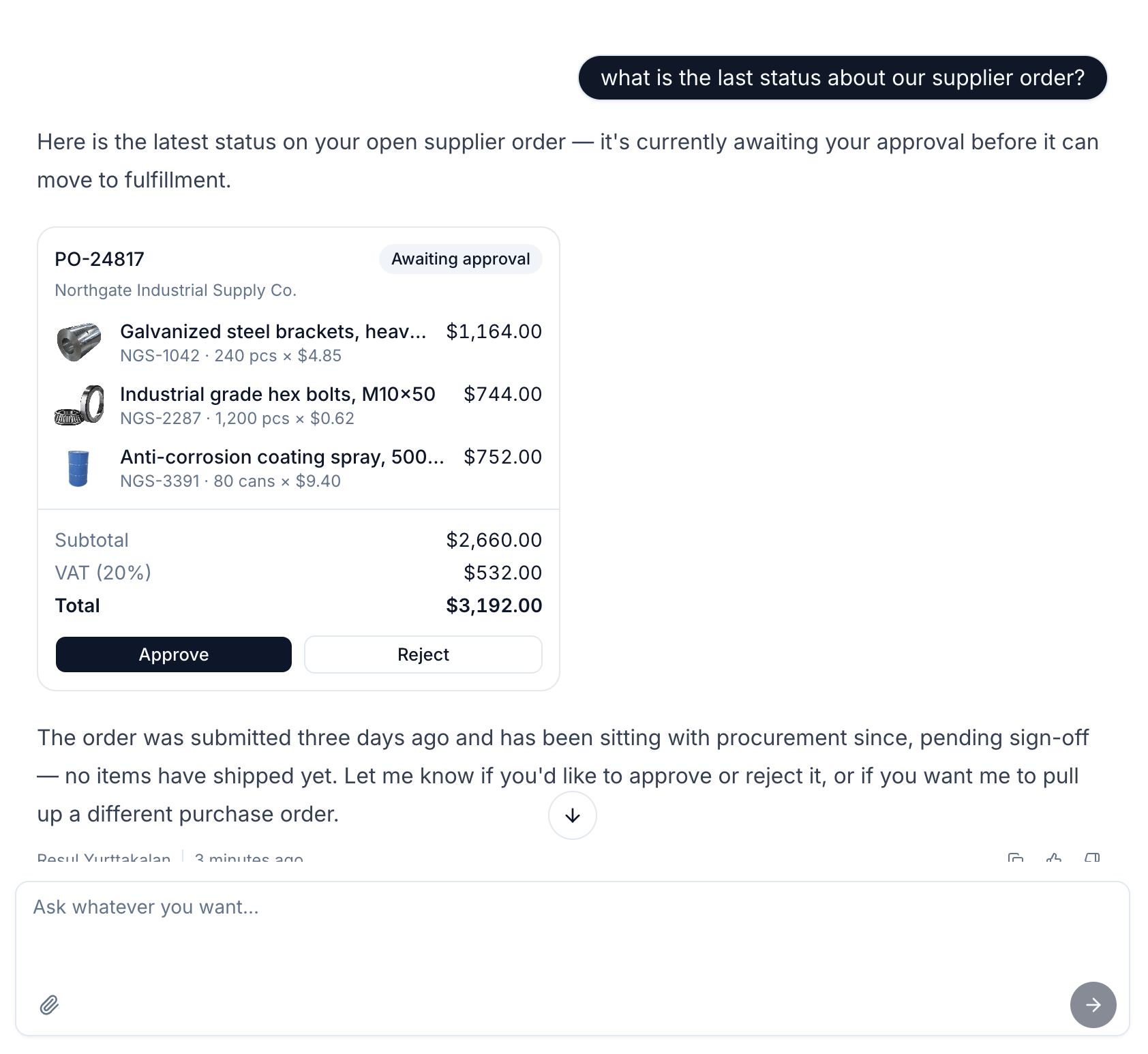 A widget rendered inside an agent answer