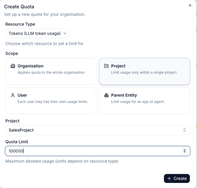 Create Quota form with Tokens resource type and Project scope