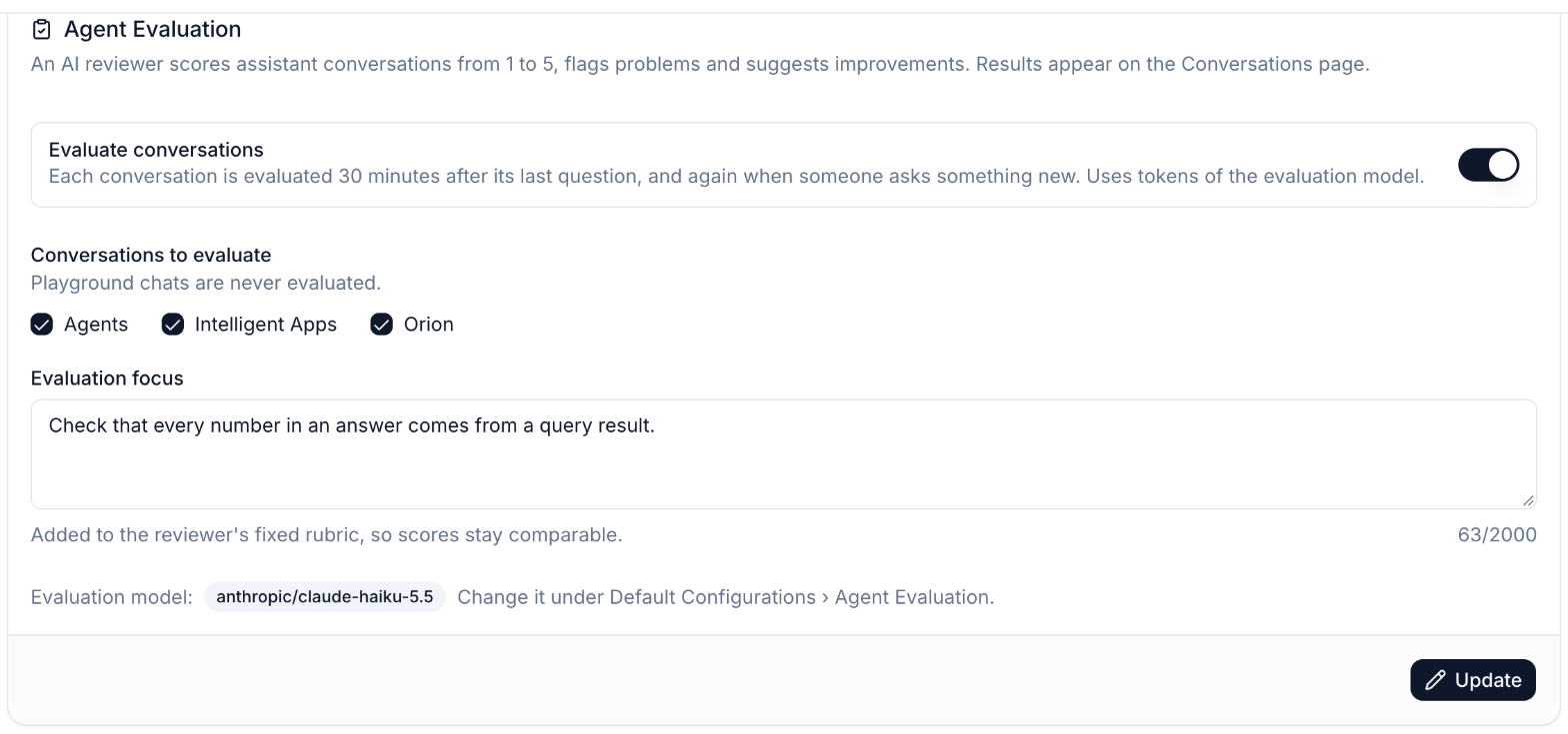 Agent Evaluation settings card
