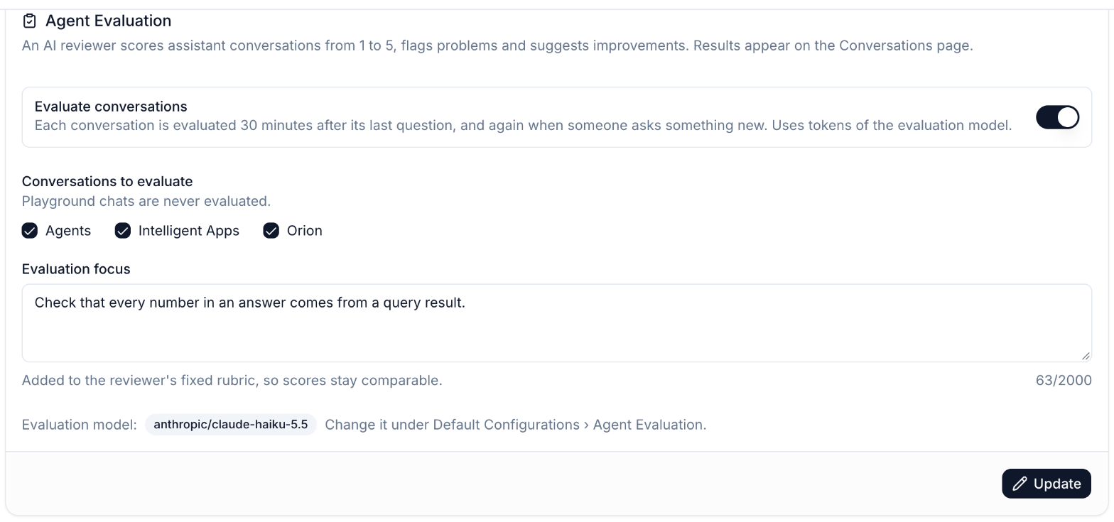 Agent Evaluation settings card