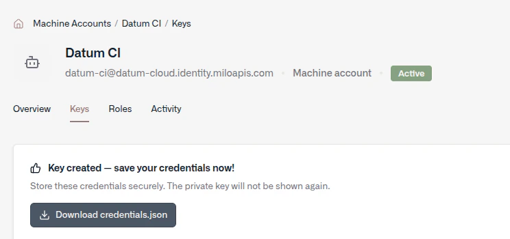 Service account created, credentials available to download