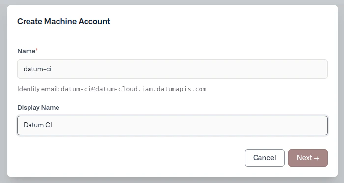 Service account creation form