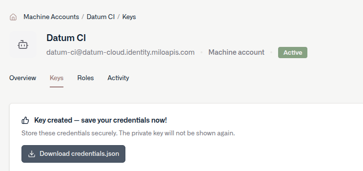 Service account created, credentials available to download