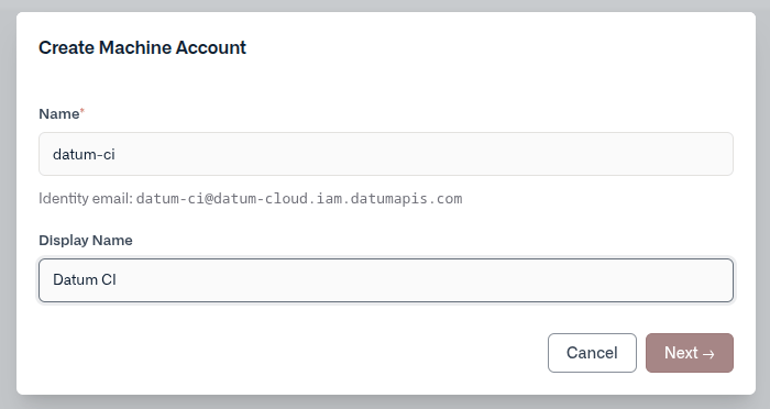 Service account creation form