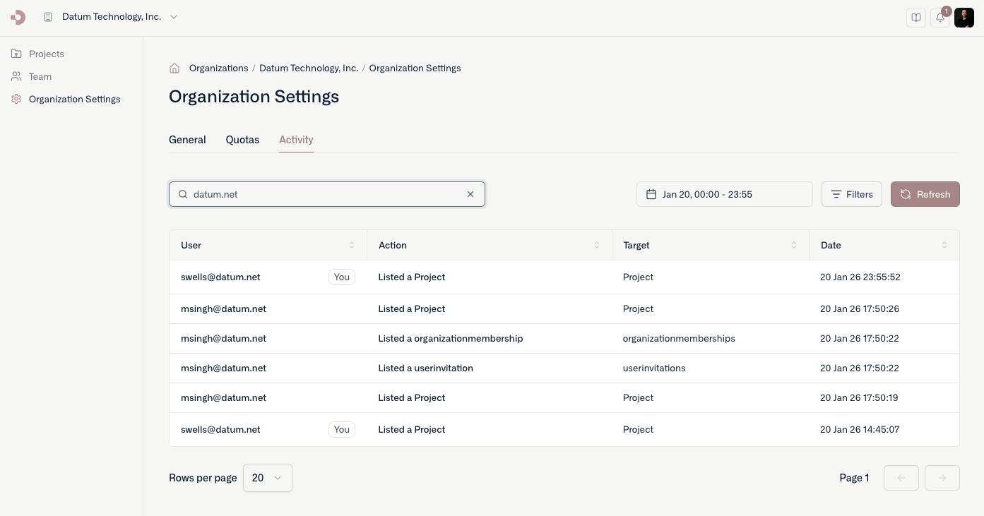 Activity Logs - Datum Cloud Docs
