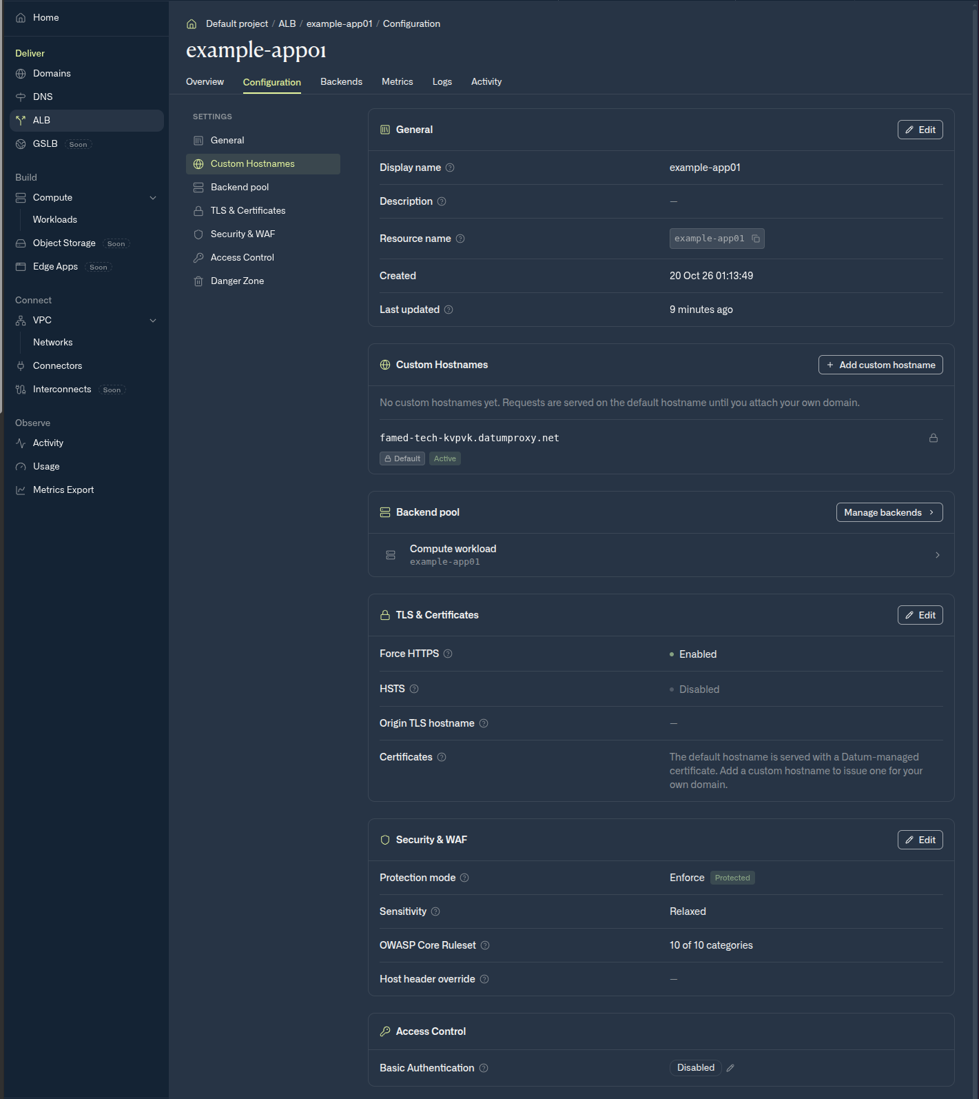 The Configuration tab of a load balancer with sections for General, Custom Hostnames, Backend pool, TLS and Certificates, Security and WAF in Enforce mode, and Access Control