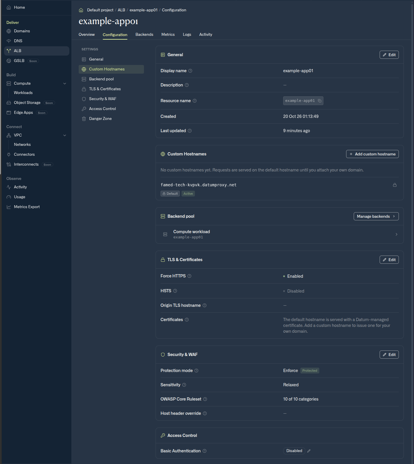The Configuration tab of a load balancer with sections for General, Custom Hostnames, Backend pool, TLS and Certificates, Security and WAF in Enforce mode, and Access Control