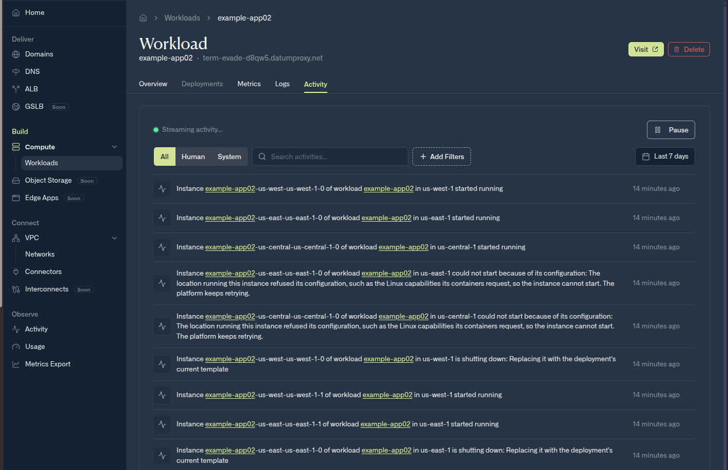 The Activity tab of a workload, listing Instances that started running, Instances that are shutting down to be replaced, and two Instances that could not start because the location refused the Linux capabilities their containers request