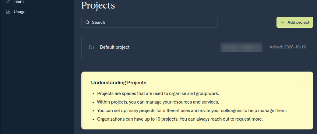The Projects page listing a Default project with its project ID, an Add project button, and an Understanding Projects panel