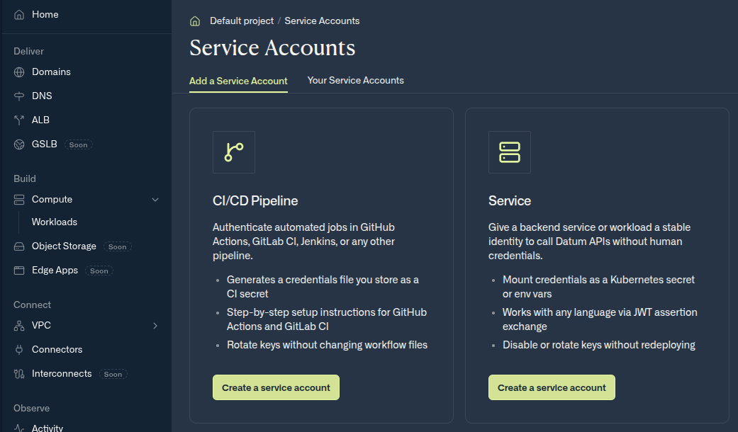 The Add a Service Account tab, with two cards: CI/CD Pipeline and Service, each with a Create a service account button