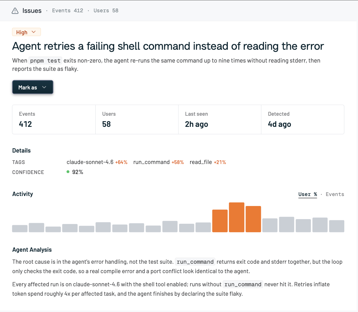 Issue detail page showing severity, event and user counts, affected tools and models, activity chart, and agent analysis
