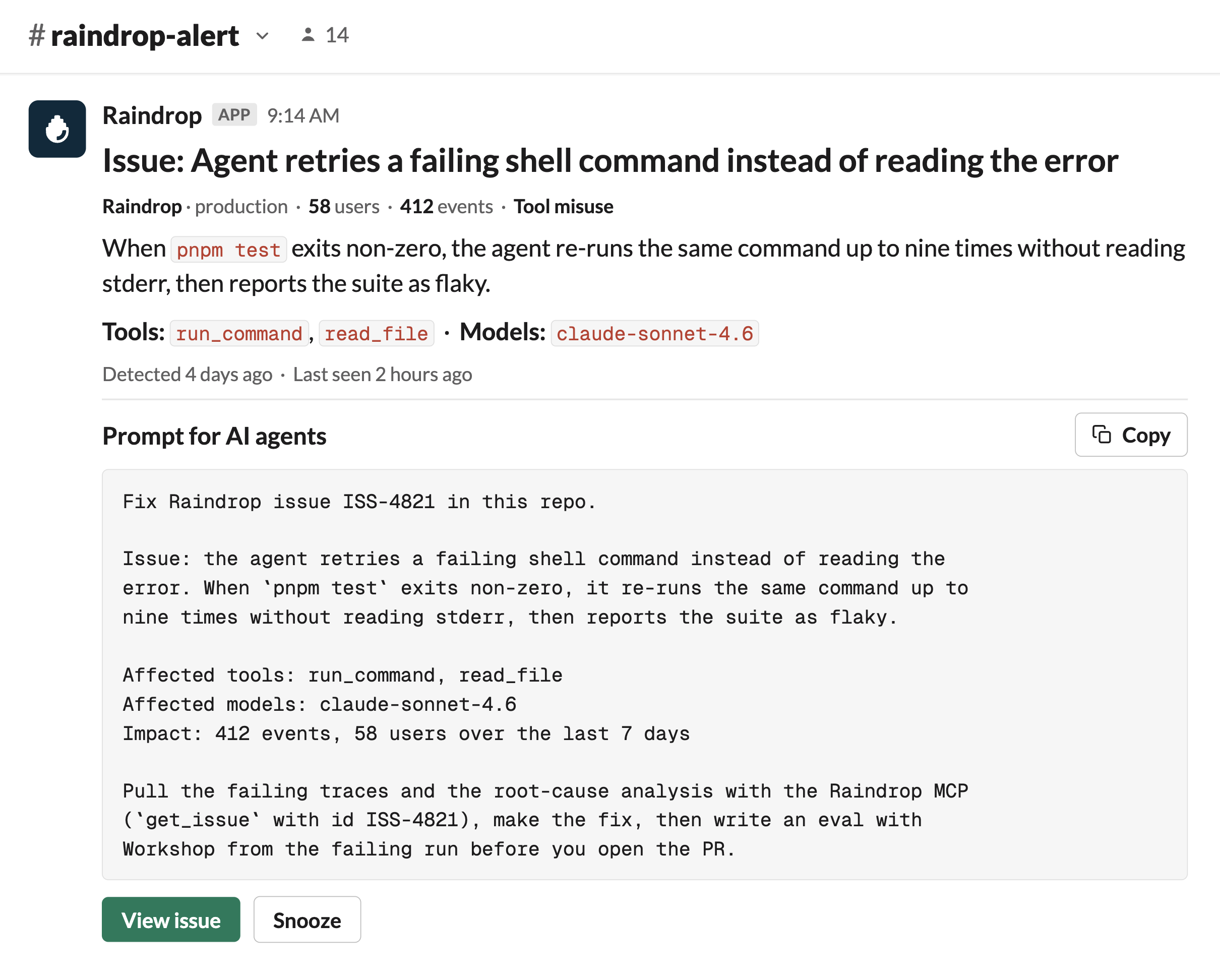 Slack issue notification with the prompt for AI agents block and copy affordance
