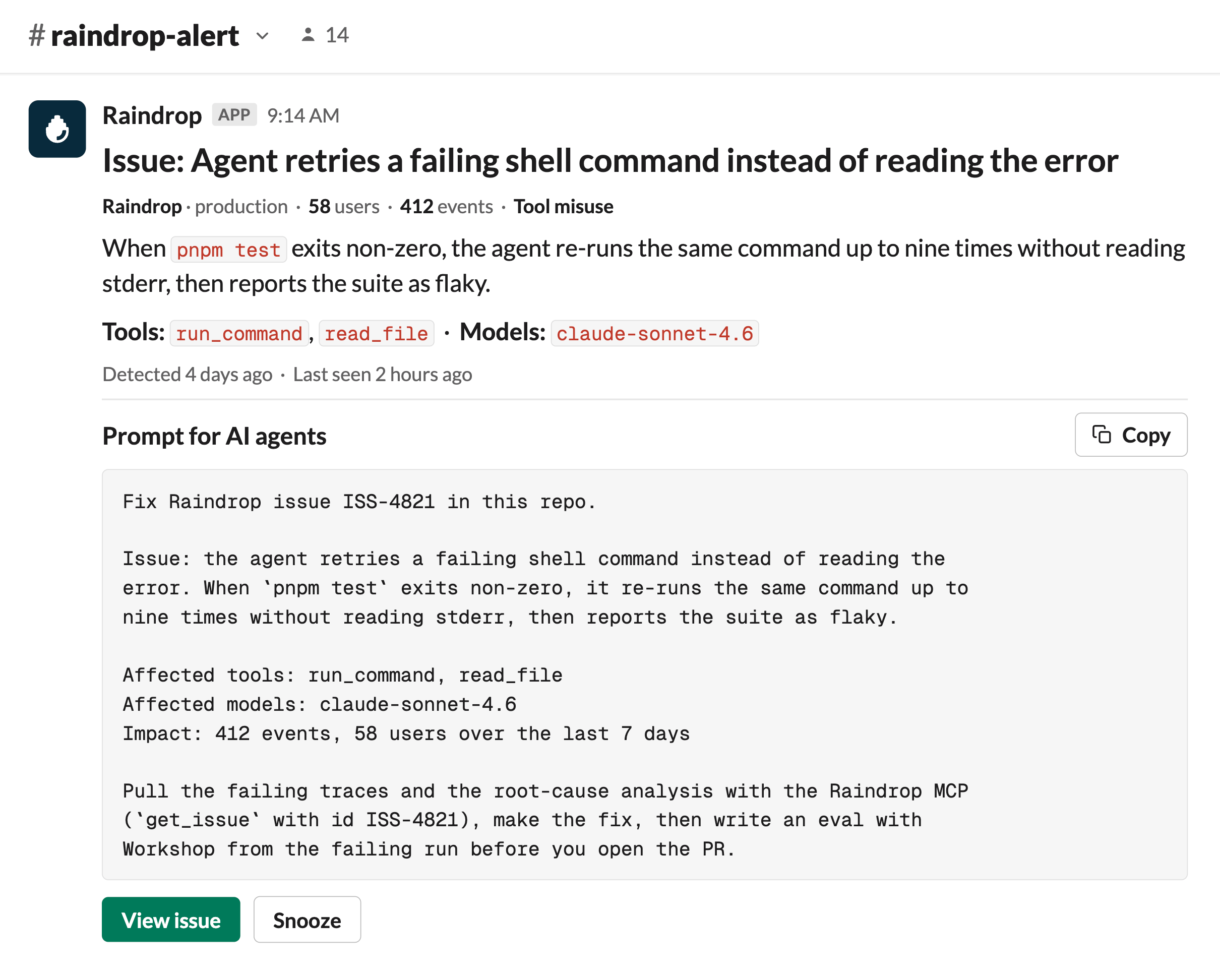 Slack issue notification with the prompt for AI agents block and copy affordance