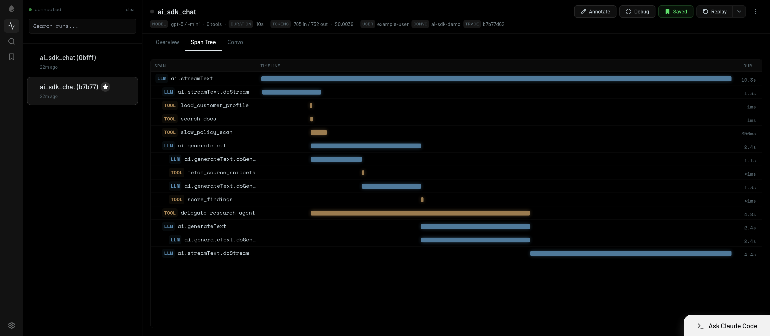 The imported run in Workshop's span tree, showing model calls, tool calls, and a sub-agent in the order they ran