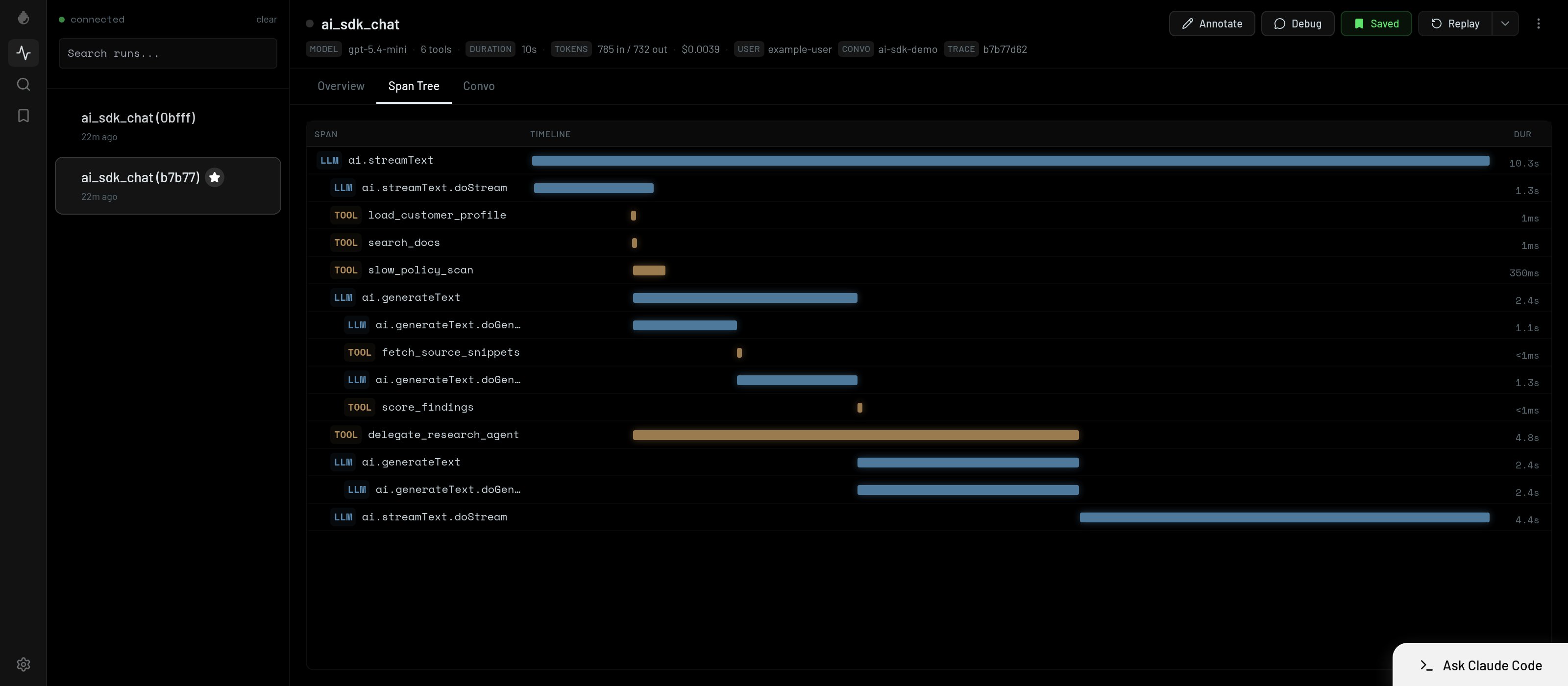 The imported run in Workshop's span tree, showing model calls, tool calls, and a sub-agent in the order they ran