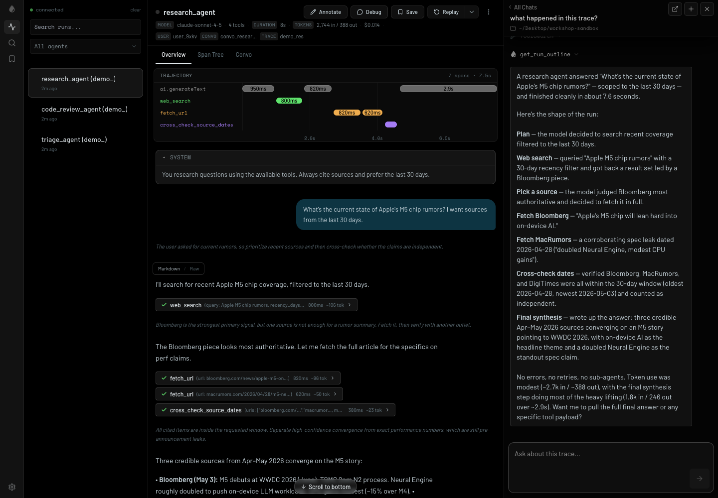 Raindrop Workshop showing a trace timeline, open system prompt, and agent answer