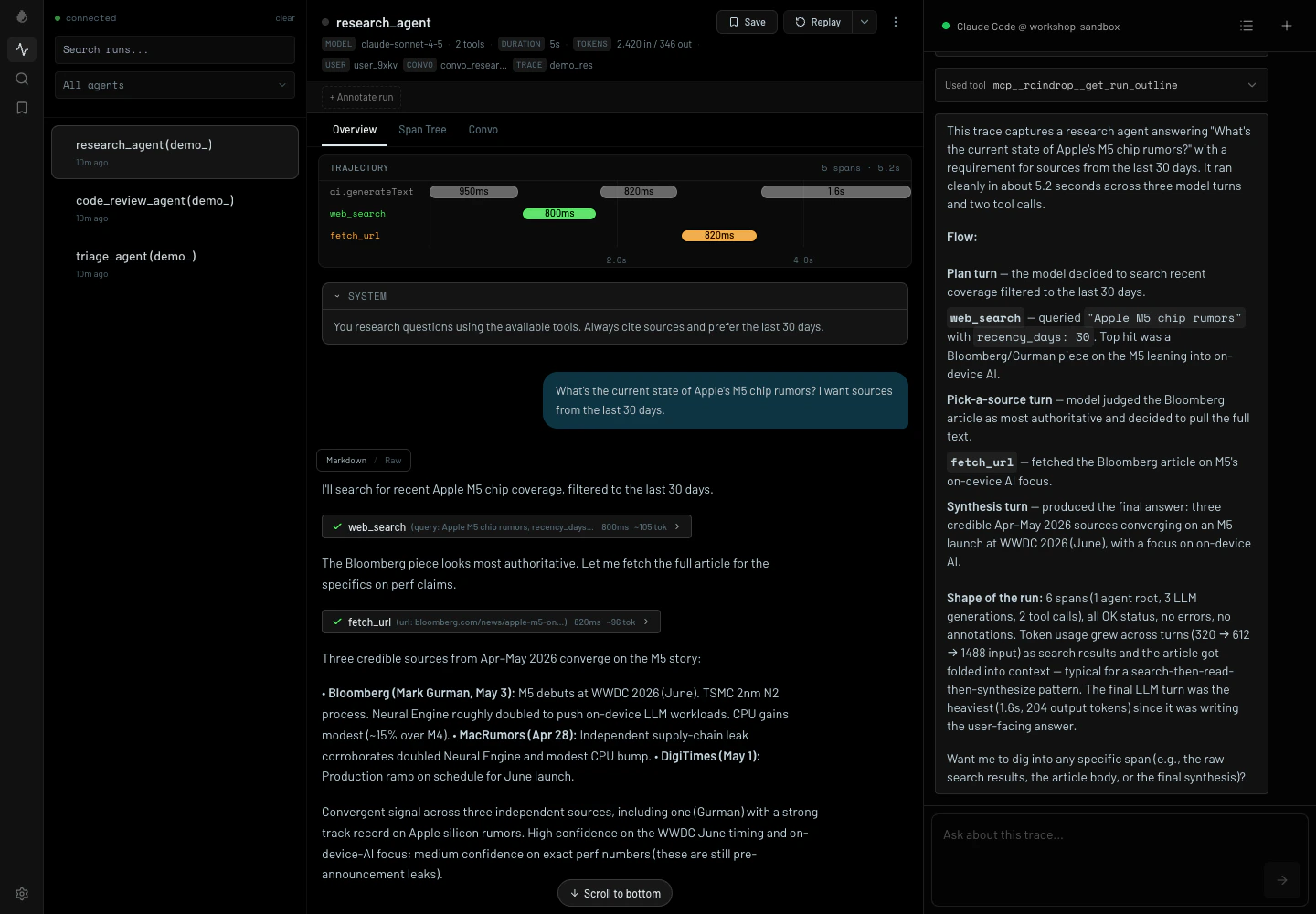 Raindrop Workshop showing a trace timeline, open system prompt, and agent answer