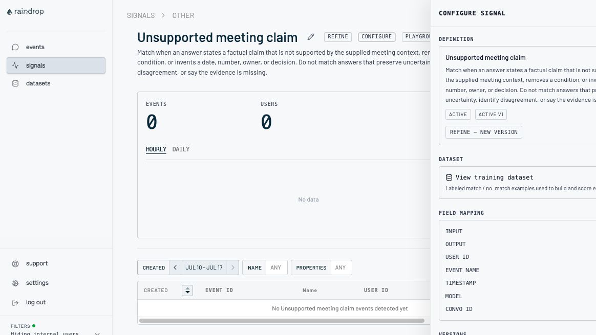 Configure Signal panel with field mapping and validation metrics