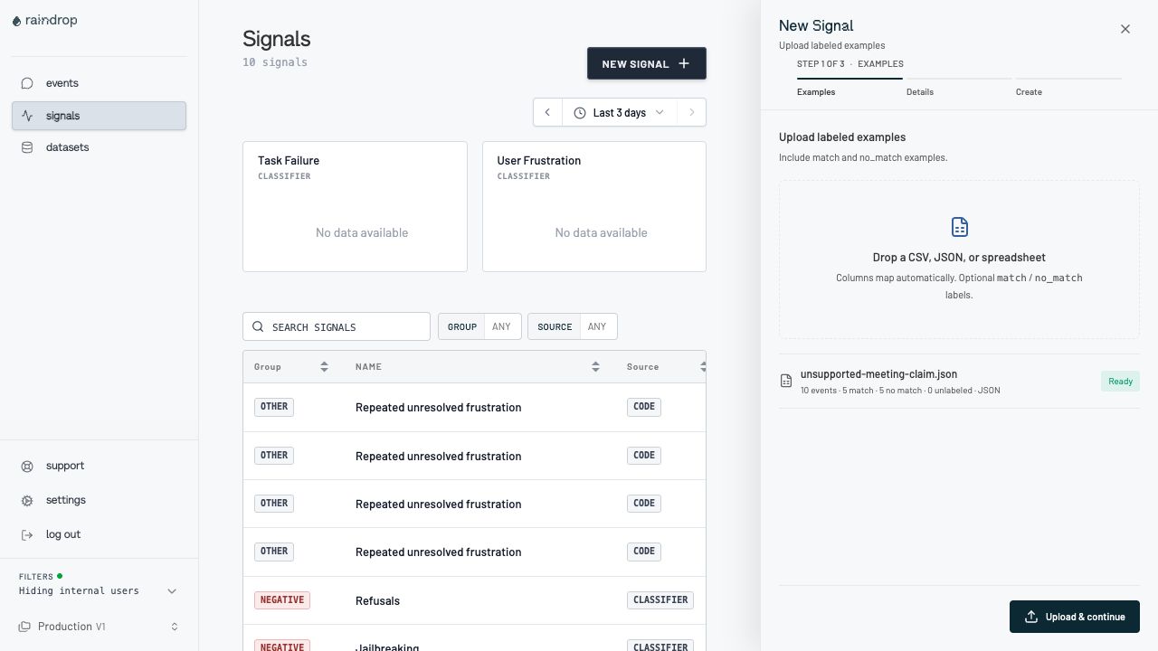 New Signal examples step with a labeled dataset ready to upload